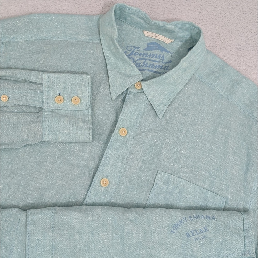 Tommy Bahama 100% Linen Button up Shirt solid Blue/Green Logo Breathable Stain
